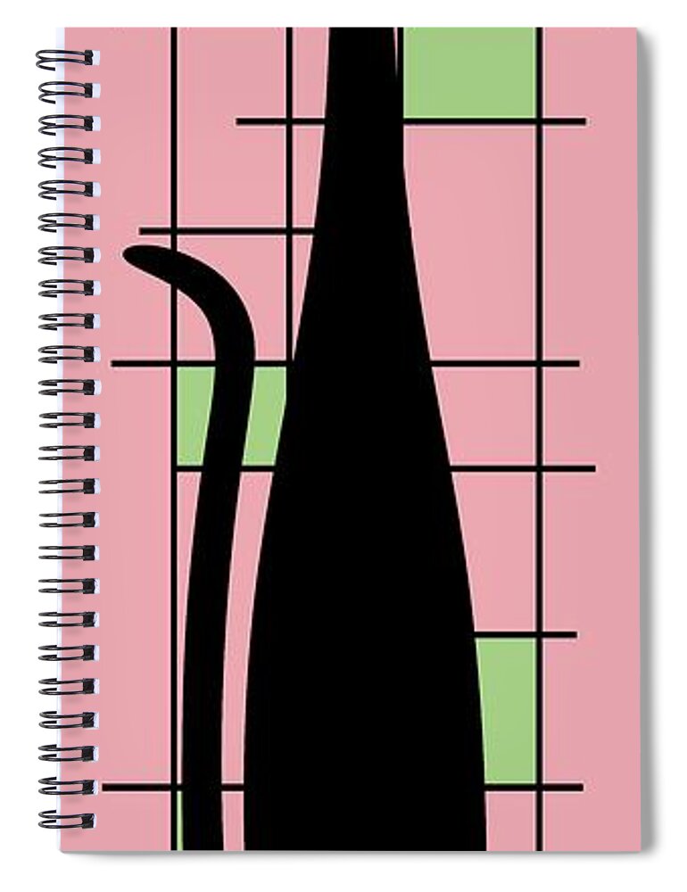 Mid Century Modern Cat Spiral Notebook featuring the digital art Tall Mondrian Cat on Pink by Donna Mibus