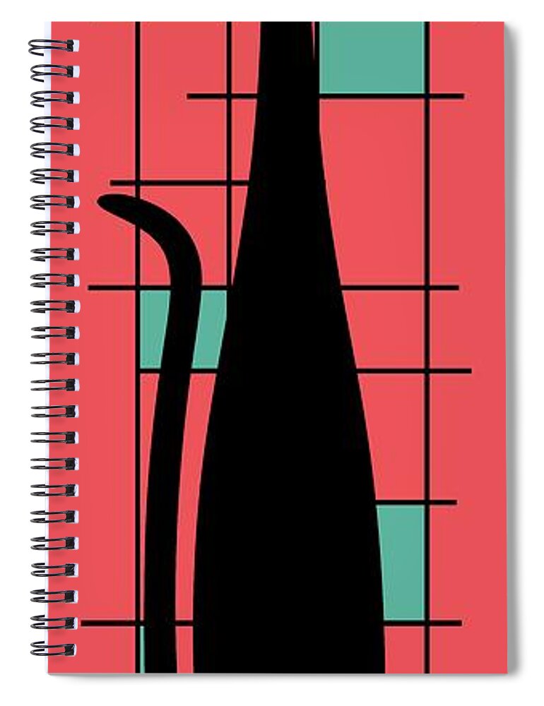 Mid Century Modern Cat Spiral Notebook featuring the digital art Tall Mondrian Cat on Salmon Pink by Donna Mibus