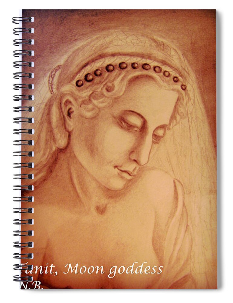 Pencil Drawing Spiral Notebook featuring the drawing Tanit, Moon Goddess by Nadia Birru