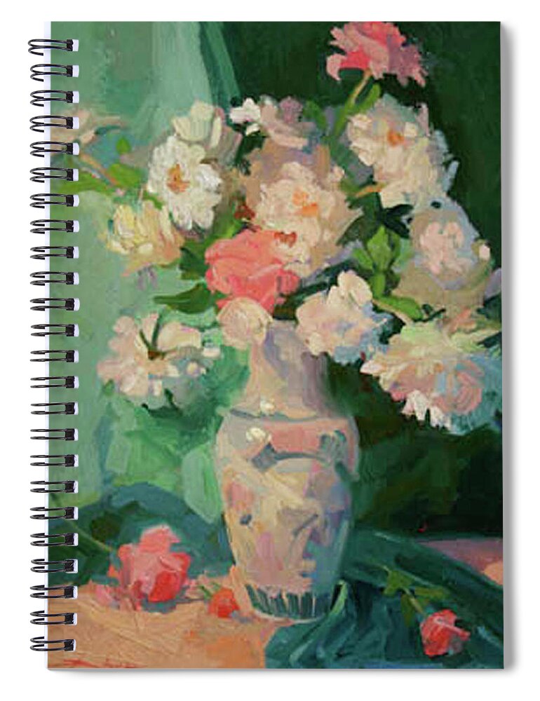 Still Life In Greens Spiral Notebook featuring the painting Teal and Roses by Betty Jean Billups