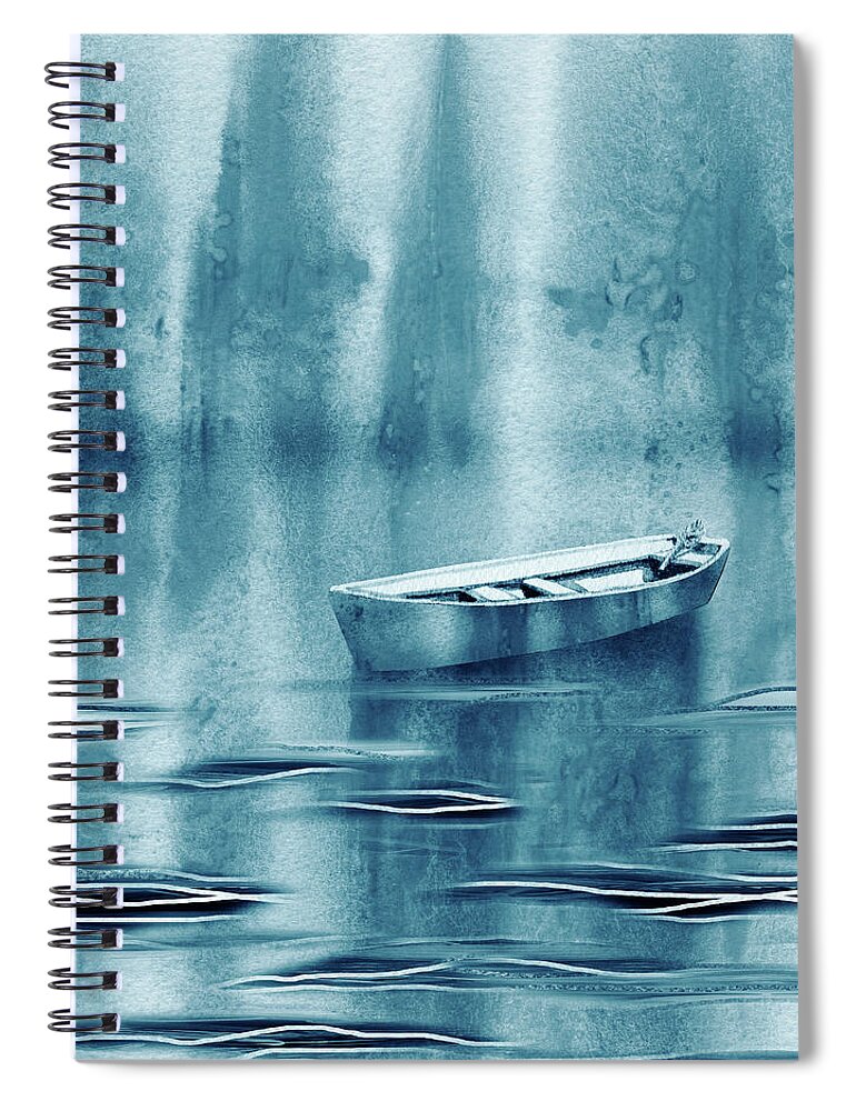 Teal Blue Calm Waters Boat Spiral Notebook featuring the painting Teal Blue Waters Of The Lake With Single Boat Drifting by Irina Sztukowski
