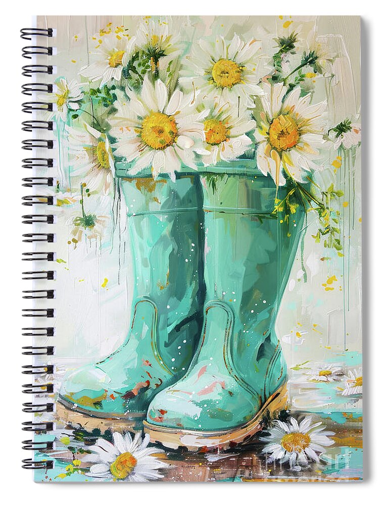 Daisies Spiral Notebook featuring the painting Teal Rain Boots by Tina LeCour