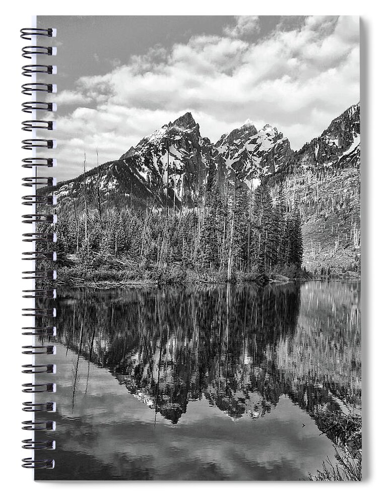 Reflections On String Lake Spiral Notebook featuring the photograph Teewinot Reflections Black And White by Dan Sproul