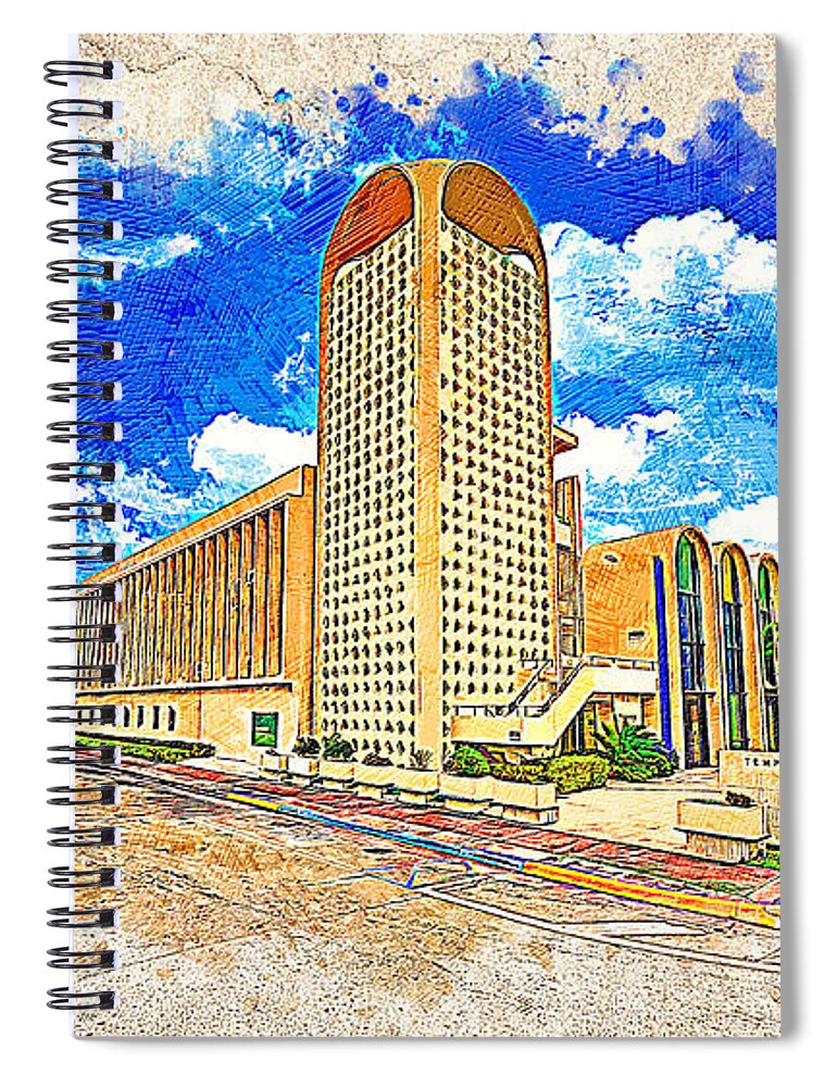 Temple Menorah Spiral Notebook featuring the digital art Temple Menorah in Miami Beach, Florida - colored drawing by Nicko Prints