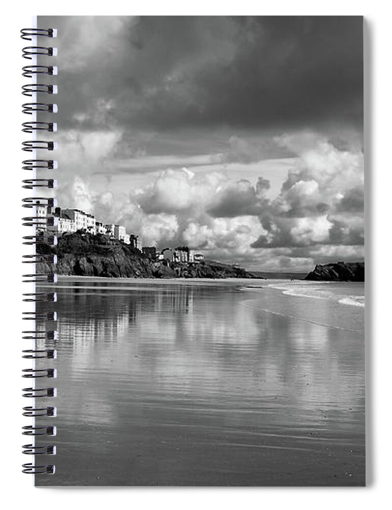 Pembrokeshire Spiral Notebook featuring the photograph Tenby reflected in the wet sand of South Beach by Seeables Visual Arts