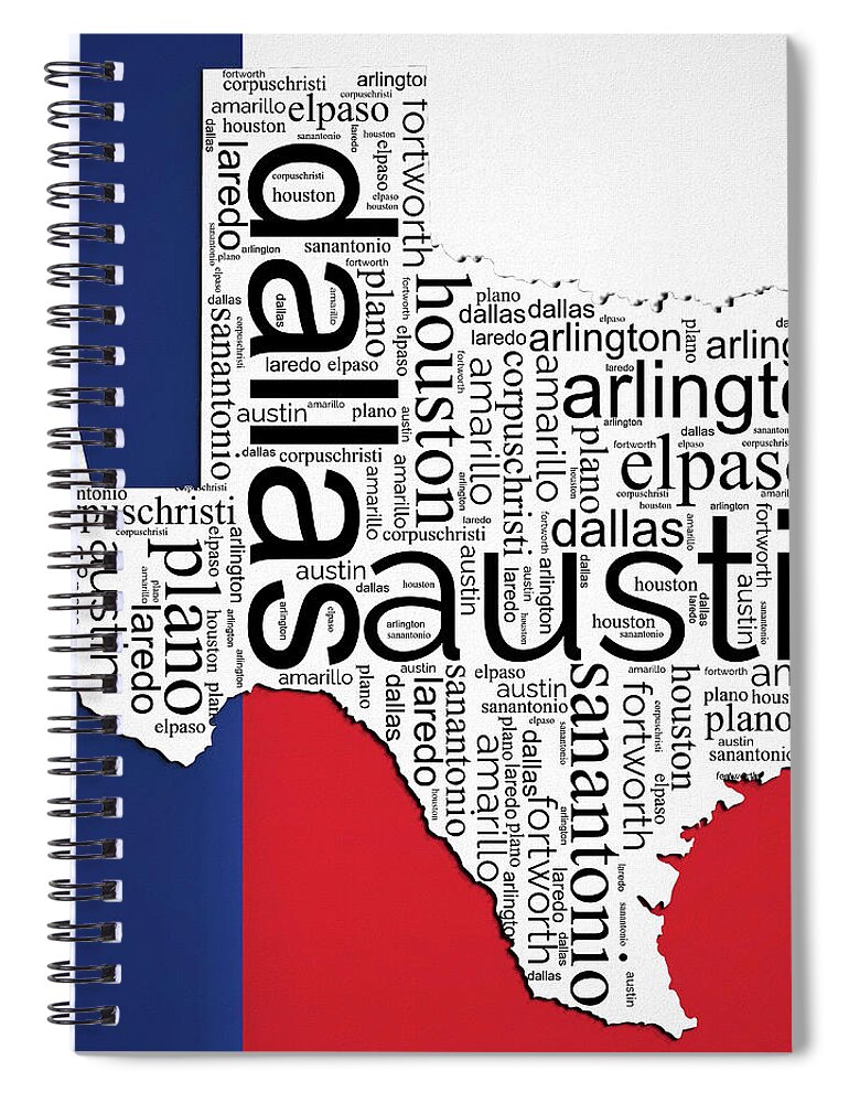 Texas Typography Map Red And Blue Spiral Notebook featuring the mixed media Texas Typography Map On Texas Flag by Dan Sproul