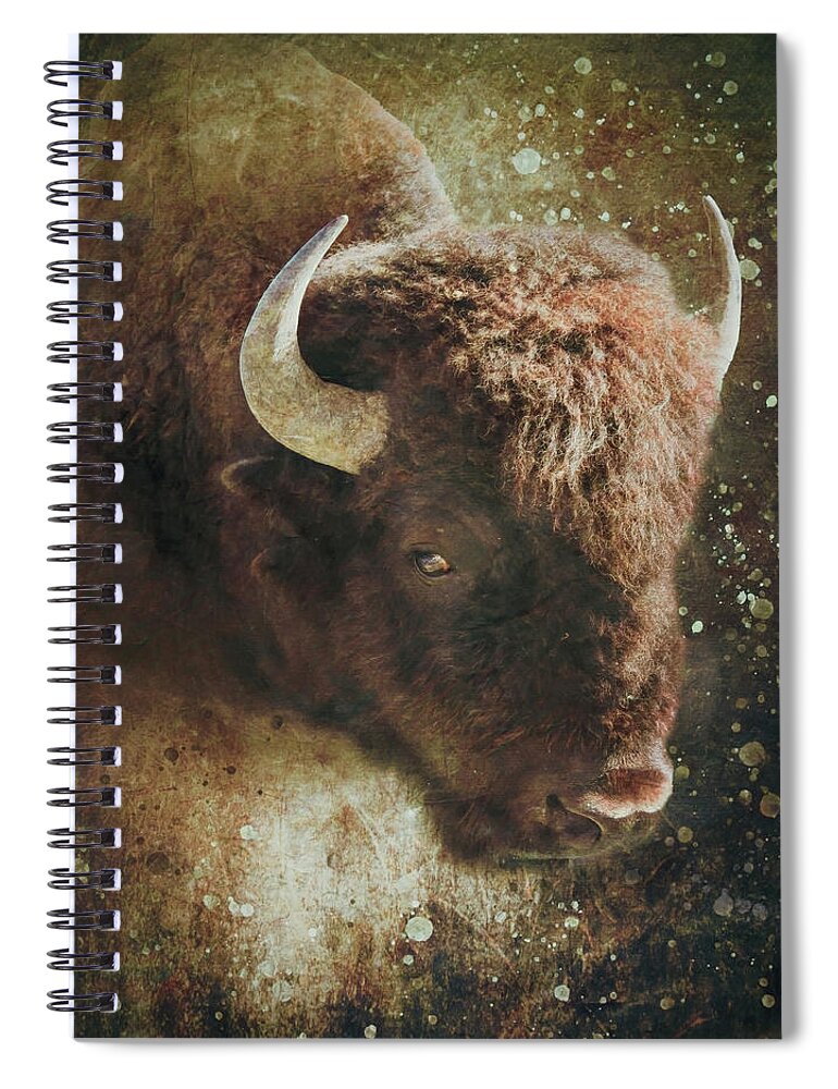Grunge Style Bison Spiral Notebook featuring the mixed media Textured Bison Portrait by Dan Sproul