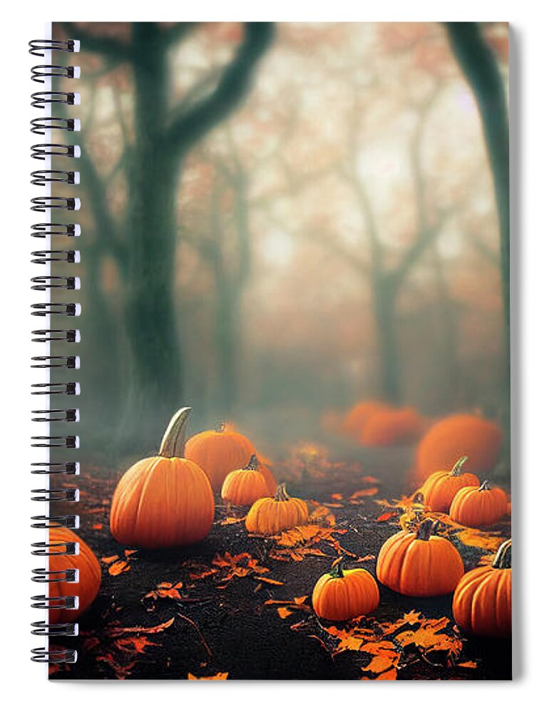 Pumpkin Spiral Notebook featuring the photograph Thanksgiving and halloween pumpkins in autumn forest. Fall seaso by Jelena Jovanovic