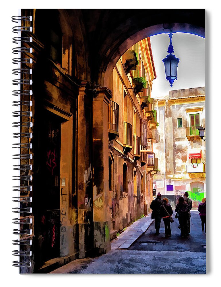 Catania Spiral Notebook featuring the photograph The Alley from Teatro Bellini, Catania, Sicily. by Monroe Payne