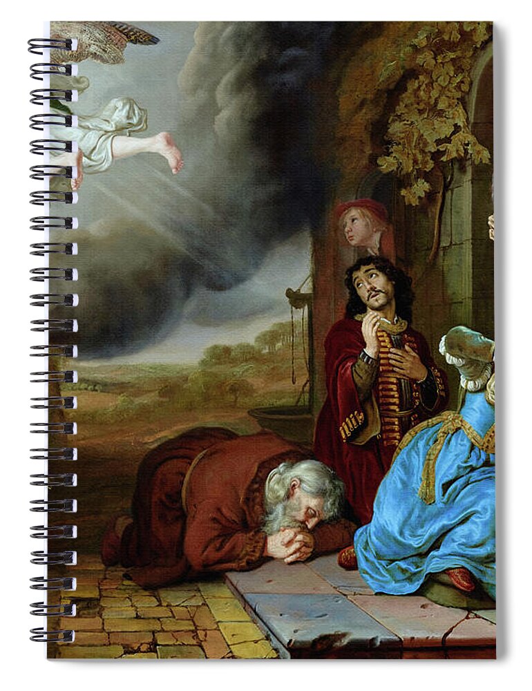 God Spiral Notebook featuring the painting The Angel Taking Leave of Tobit and His Family by Jan Victors Fine Art Old Masters Reproduction by Rolando Burbon