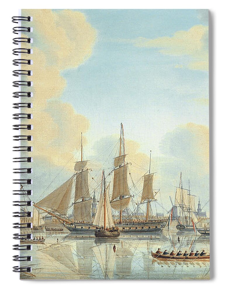 Ship Spiral Notebook featuring the painting The Batavian fleet under Vice-Admiral Carel Hendrik Verhuell at Flushing, 1805 by Engel Hoogerheyden