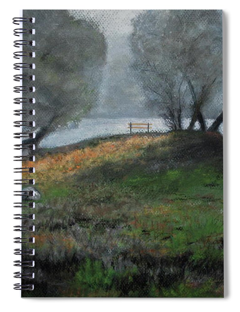 Foggy Day Spiral Notebook featuring the pastel The Bench by Sandra Lee Scott