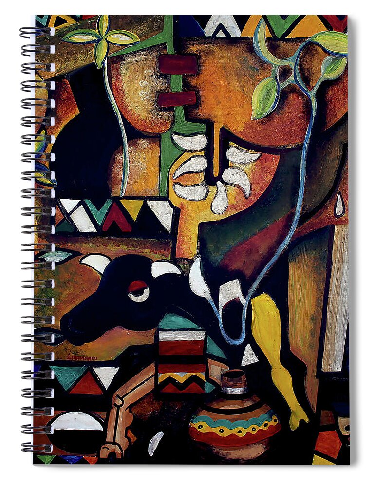 African Art Spiral Notebook featuring the painting The Bull of Peace by Speelman Mahlangu