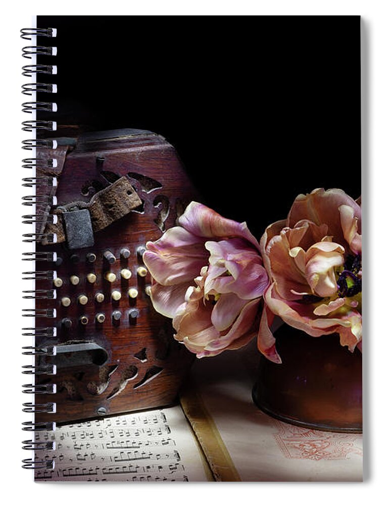 Concertina Still Life Spiral Notebook featuring the photograph The Concertina and the Tulips by Ann Garrett