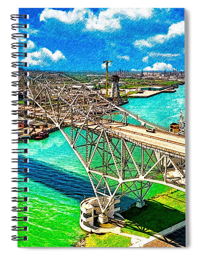 Corpus Christi Harbor Bridge Spiral Notebook featuring the digital art The Corpus Christi Harbor Bridge - pencil sketch effect by Nicko Prints