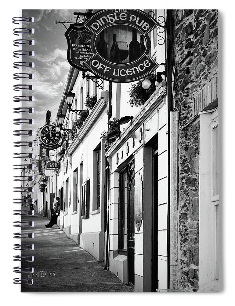 Spring Spiral Notebook featuring the photograph The Dingle Pub in Black and White by Debra and Dave Vanderlaan