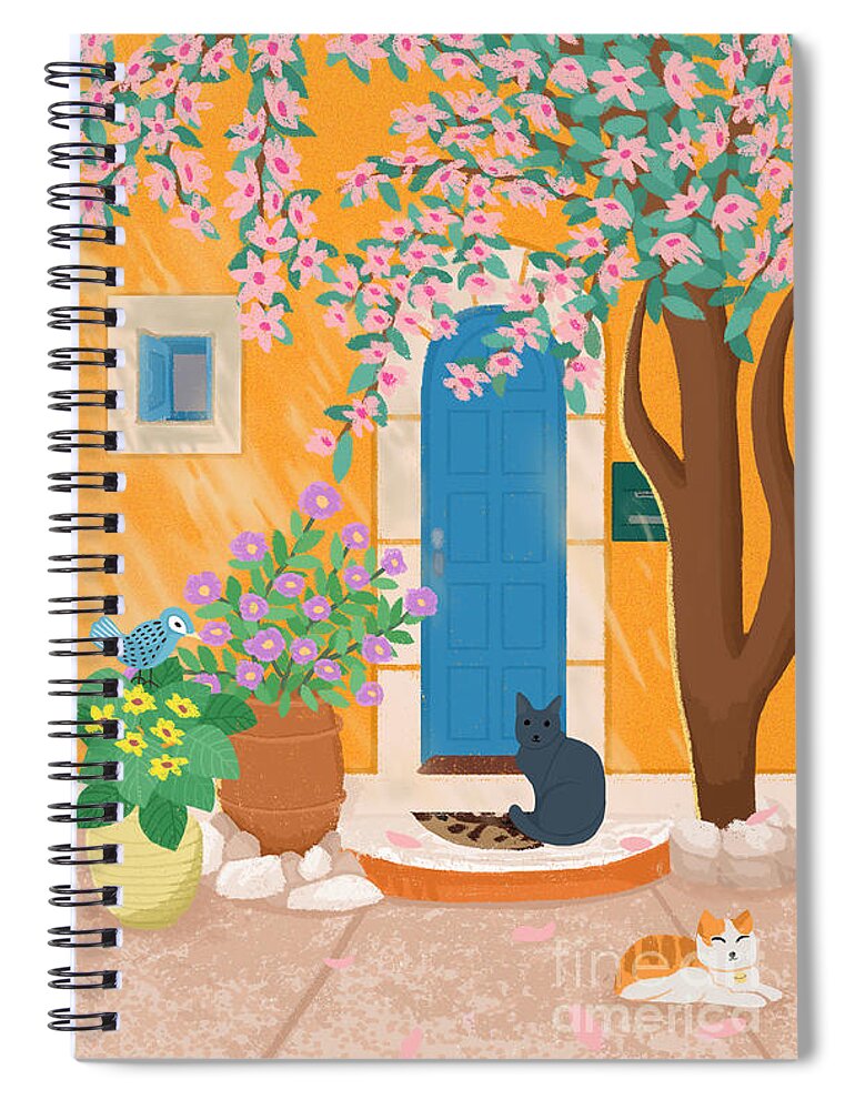 European-style Buildings Spiral Notebook featuring the drawing The door of an orange house in the sun by Min Fen Zhu
