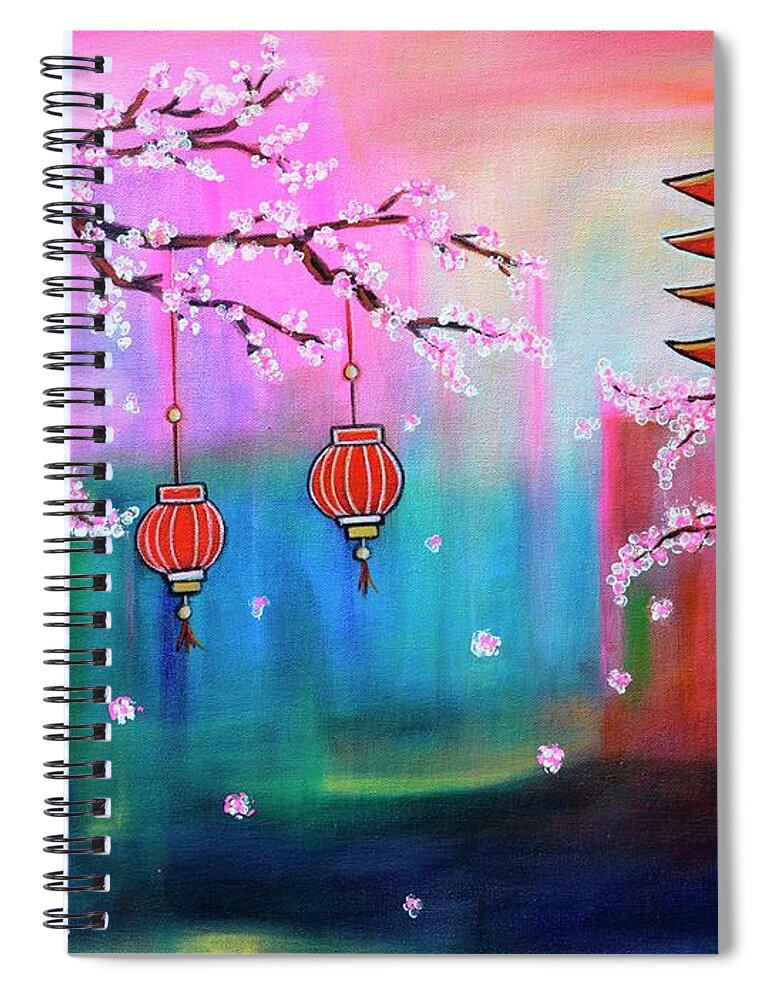 Cherryblossom Spiral Notebook featuring the painting The Dreamy Cherry Blossom acrylic painting by Manjiri Kanvinde