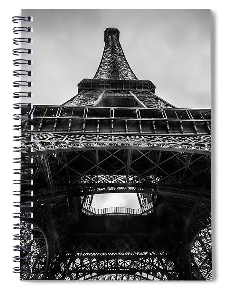 Eiffel Tower Spiral Notebook featuring the photograph The Eiffel Tower in Paris France Seen From Below in Black and White by Alexios Ntounas