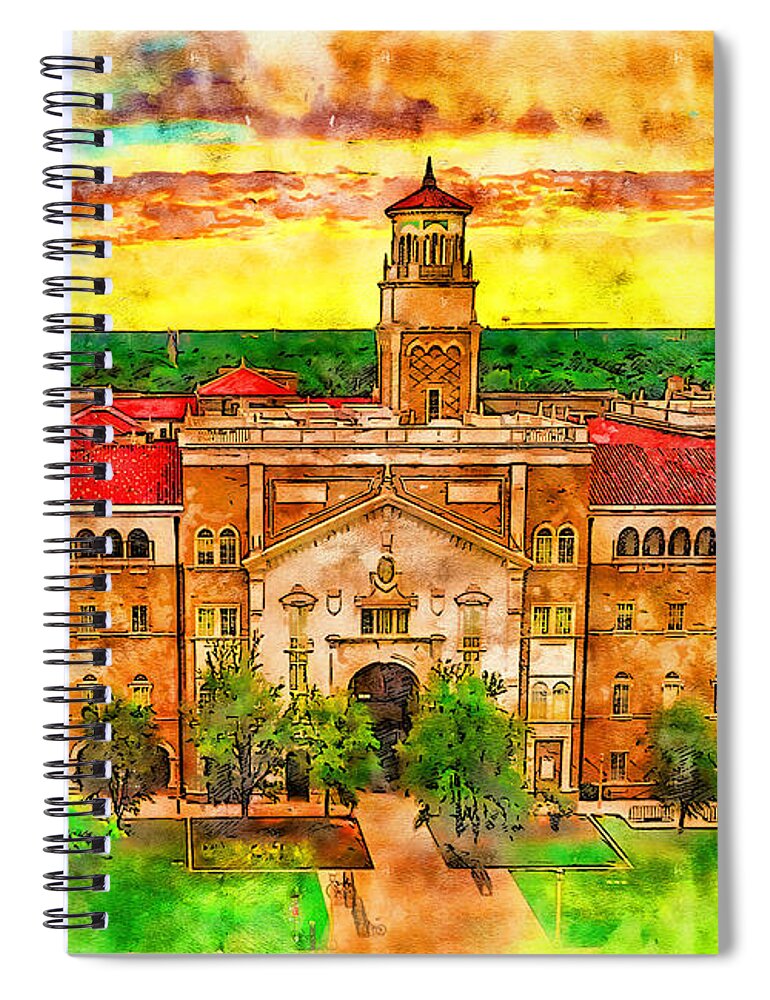 English And Philosophy Building Spiral Notebook featuring the digital art The English and Philosophy Building of the Texas Tech University - pen and watercolor by Nicko Prints