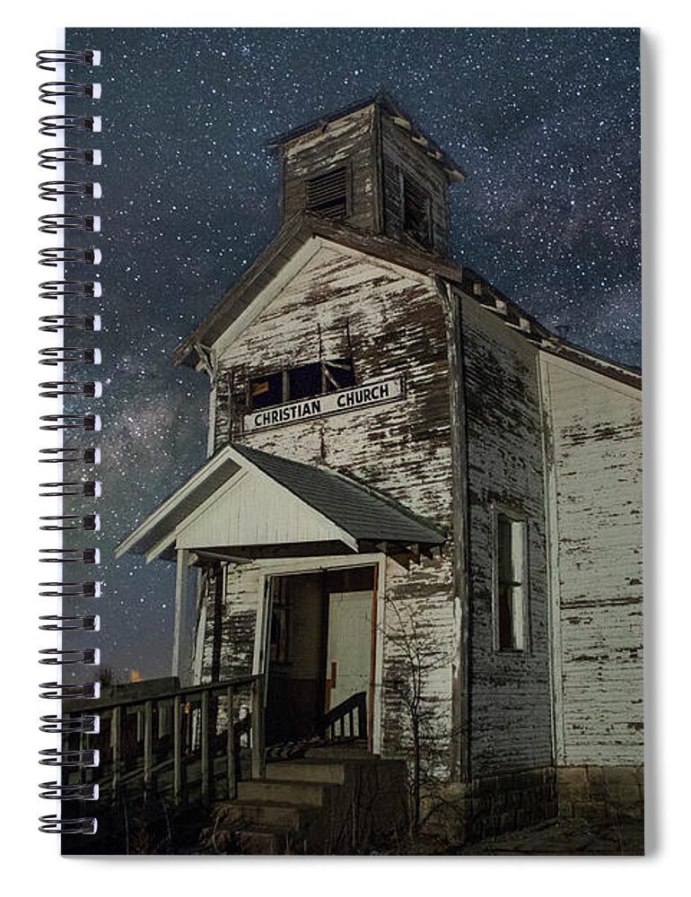 Milky Way; Star Trails; Astrophotography; Spirituality; Christian; Christianity; Church; Cross; Christ; Built Structure; City; Architecture; Outdoors; Landmark; Historical Landmark; Tranquil Scene; Past; History; Travel Destinations; Old Ruin; Usa; Church; Ancient; Stone; Night; Color Image; Abandoned; Old Building; Ruins; Ruin; Night Photography; Christian Church Picher; Church; Oklahoma Spiral Notebook featuring the photograph The Gathering II by Keith Kapple