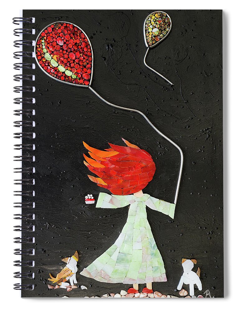 Girl Spiral Notebook featuring the glass art The girl with two balloons and two small dogs by Adriana Zoon