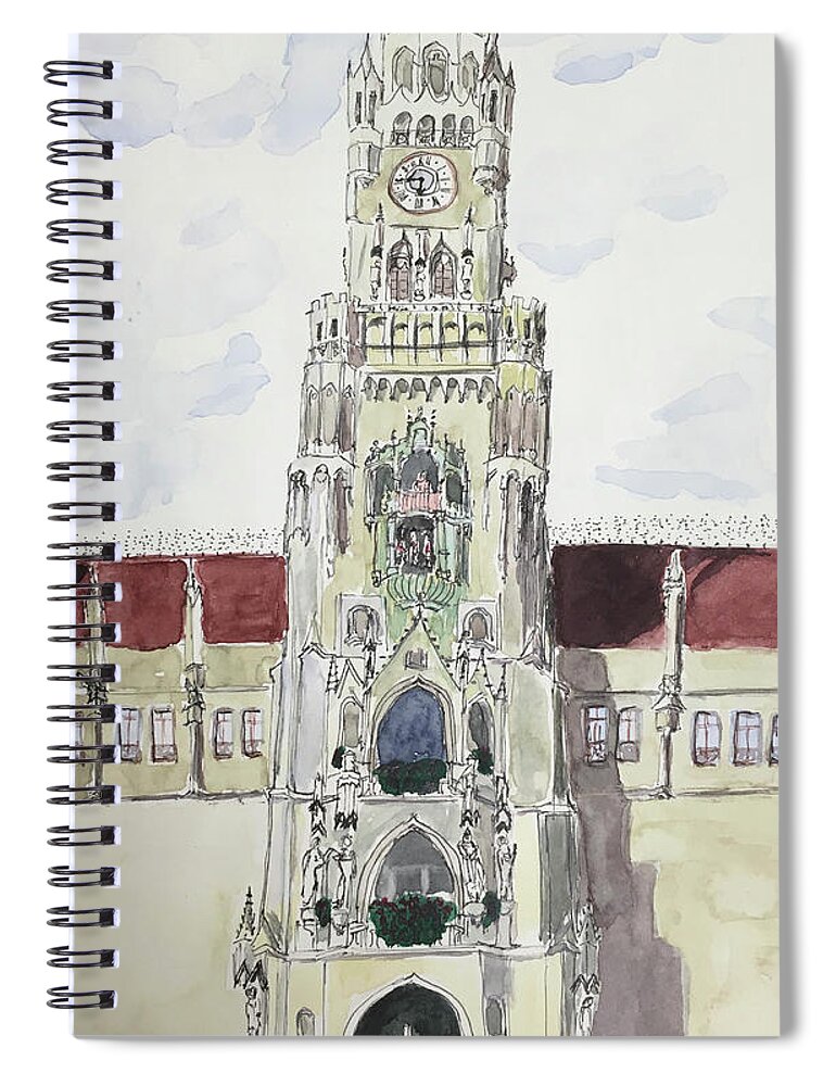 Rathaus Spiral Notebook featuring the painting The Glockenspiel by Tracy Hutchinson