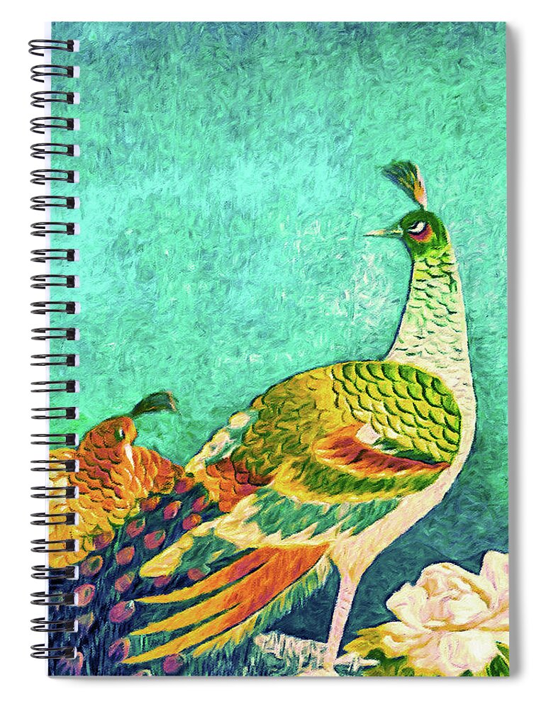 Handsome Peacock Spiral Notebook featuring the tapestry - textile The Handsome Peacock - Kimono Series by Susan Maxwell Schmidt