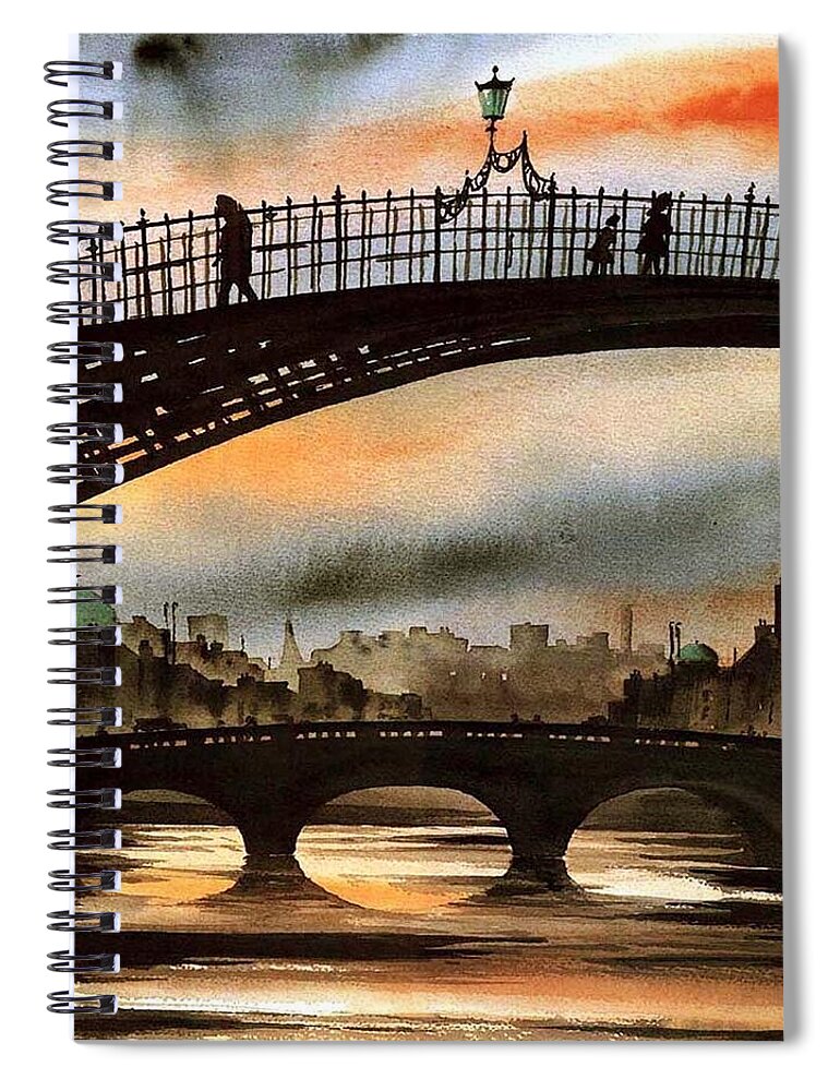  Spiral Notebook featuring the painting The Ha'penny Bridge, River Liffey. by Val Byrne