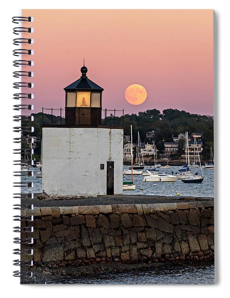 Salem Spiral Notebook featuring the photograph The Harvest Moon Rising on Derby Light Salem MA by Toby McGuire