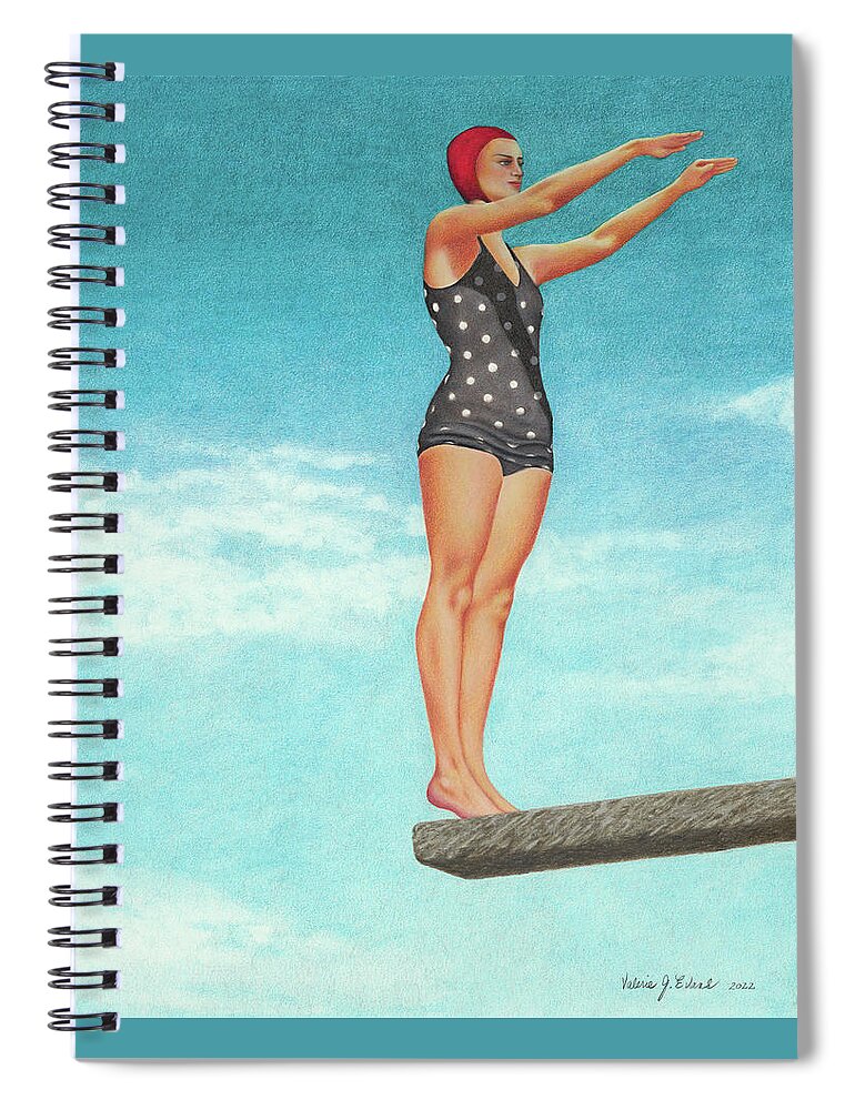 High Dive; Diving Board; Vintage Bathing Beauties; Red Swim Cap; Diving Competitions; Vintage Bathing Suits; Swimming; Polka Dot Swim Suit Spiral Notebook featuring the painting The High Dive by Valerie Evans