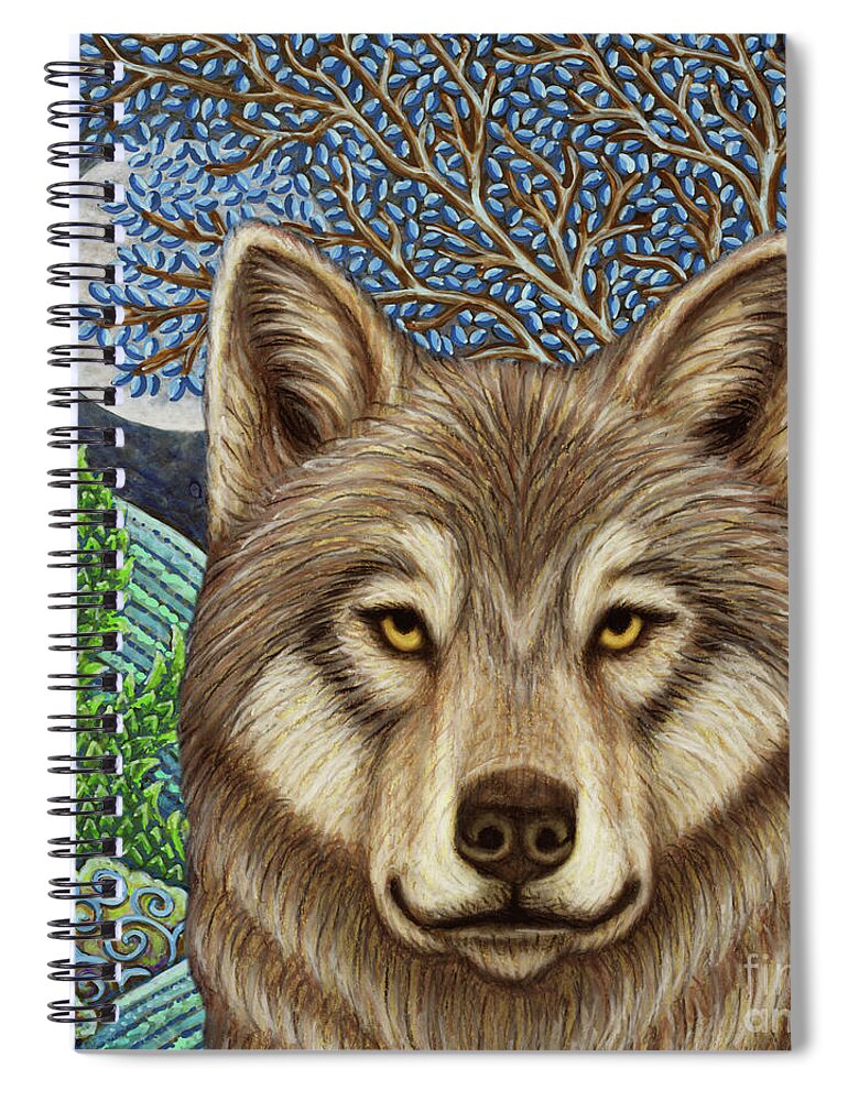 Wolf Spiral Notebook featuring the painting The Kazakh Wolf Moon by Amy E Fraser