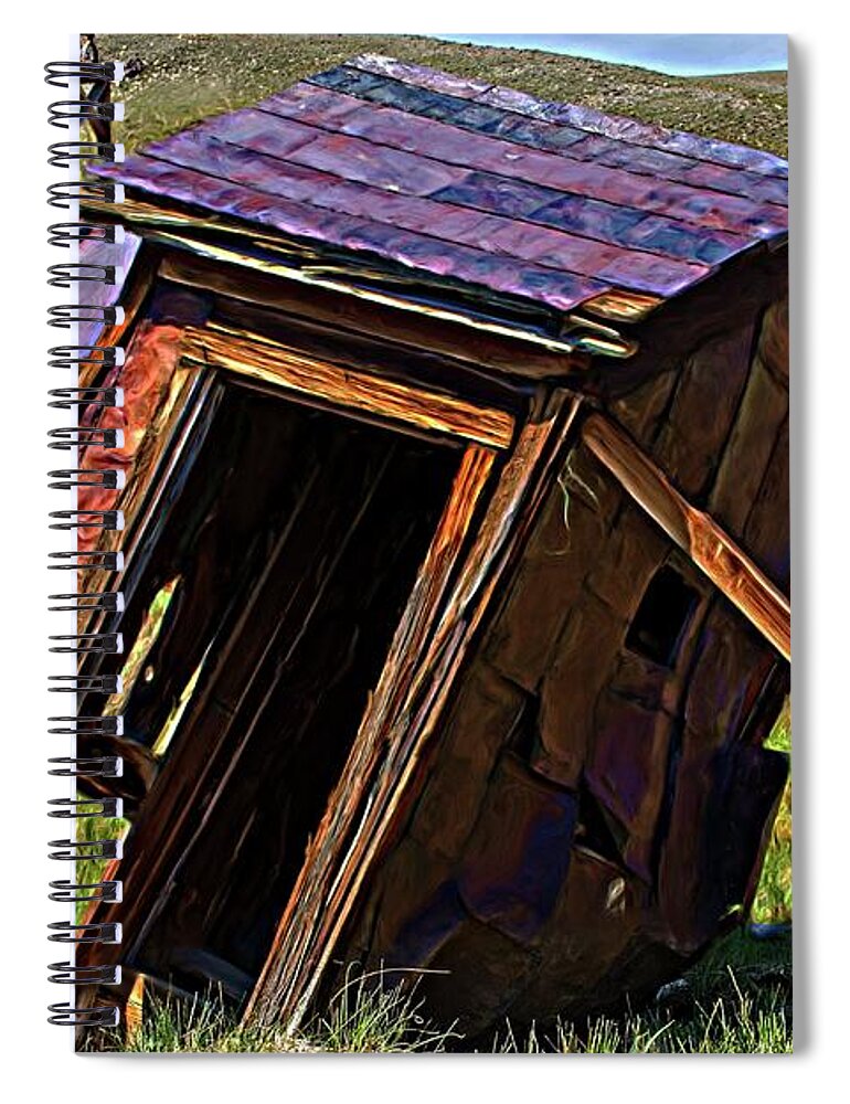 Abandoned Spiral Notebook featuring the digital art The Leaning Outhouse Of Bodie by David Desautel