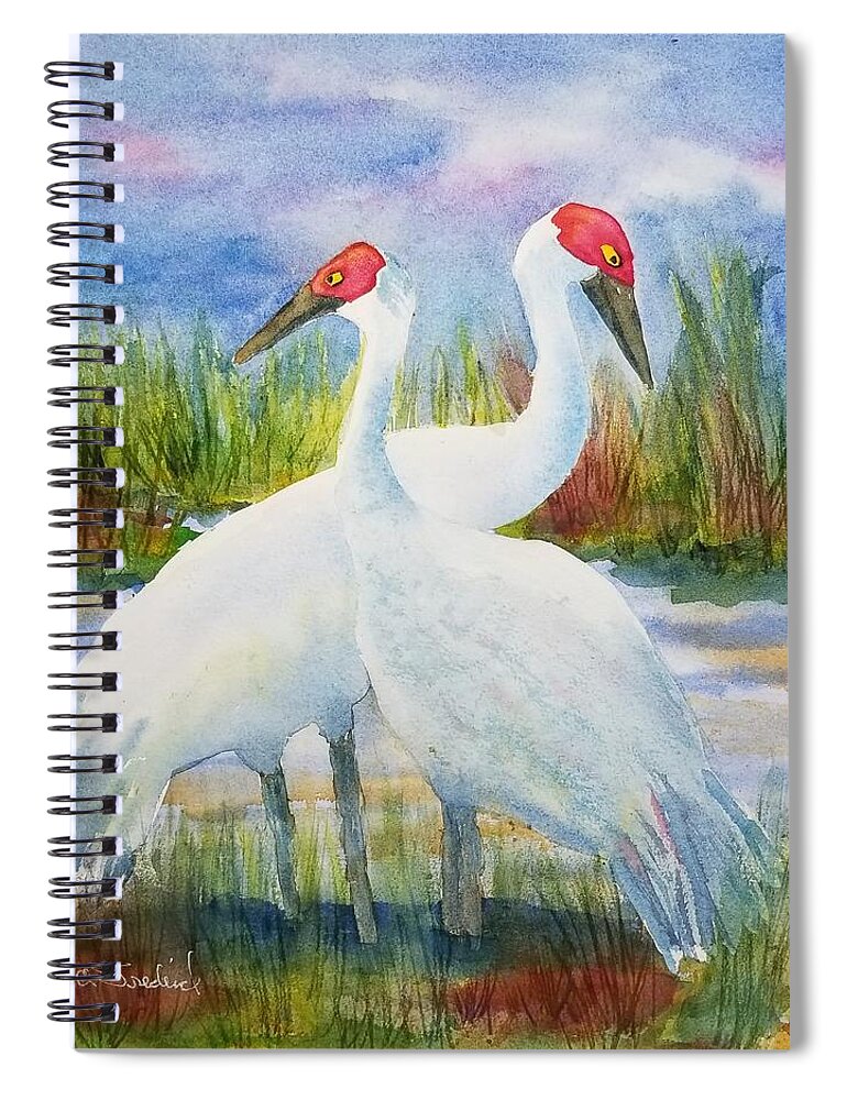 Sandhill Cranes Spiral Notebook featuring the painting The Locals by Ann Frederick