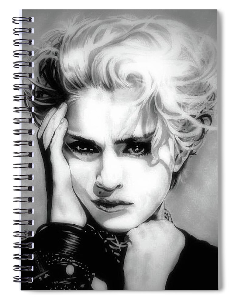 Madonna Spiral Notebook featuring the drawing The Material Girl - Madonna - Black and White Edition by Fred Larucci