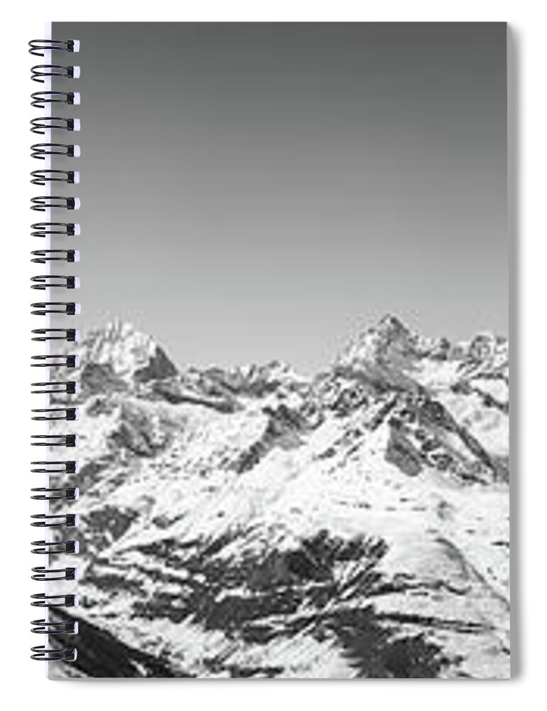 Alpine Spiral Notebook featuring the photograph The Matterhorn and Swiss Mountains Panorama BW by Rick Deacon