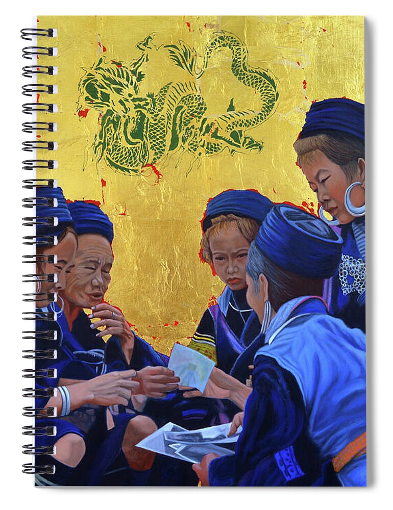 Gold And Blue Spiral Notebook featuring the painting The Meet Market by Thu Nguyen