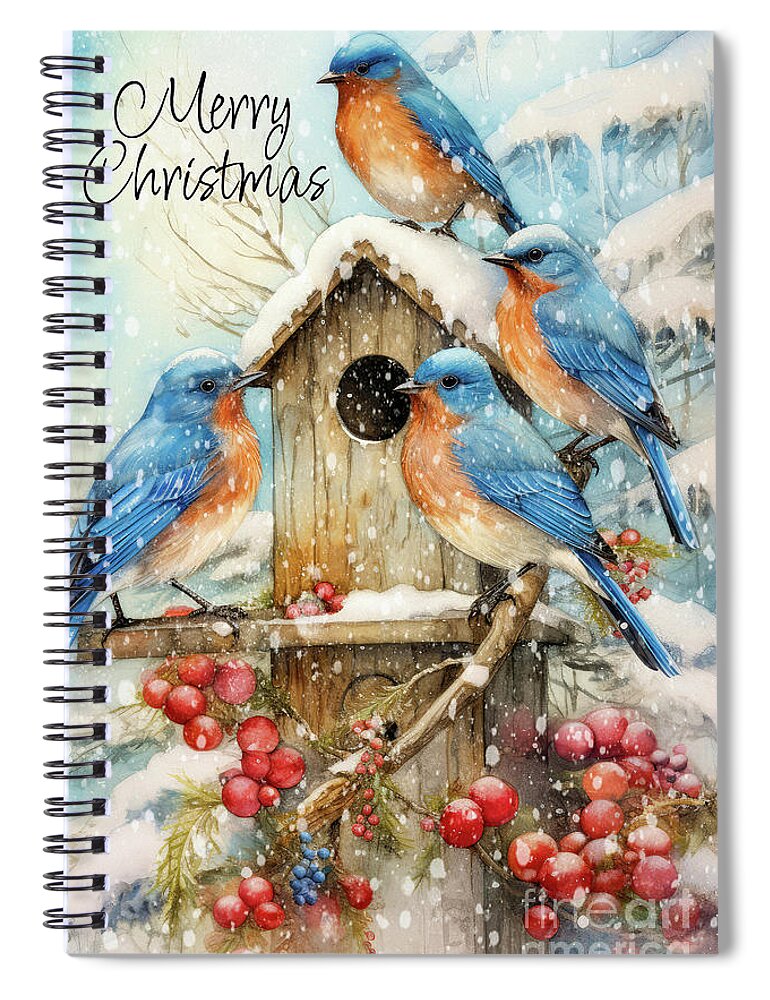 Merry Christmas Spiral Notebook featuring the painting The Merry Christmas Bluebirds by Tina LeCour