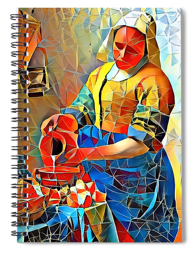 Milkmaid Spiral Notebook featuring the digital art The Milkmaid by Johannes Vermeer in the cubist style with big triangular shapes by Nicko Prints