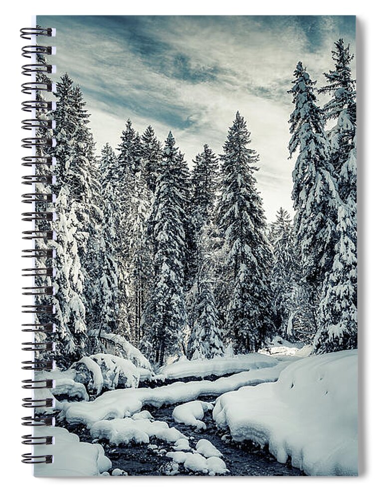 Natural Beauty Spiral Notebook featuring the photograph The Natural Path - River Through the Snowy Forest by Benoit Bruchez