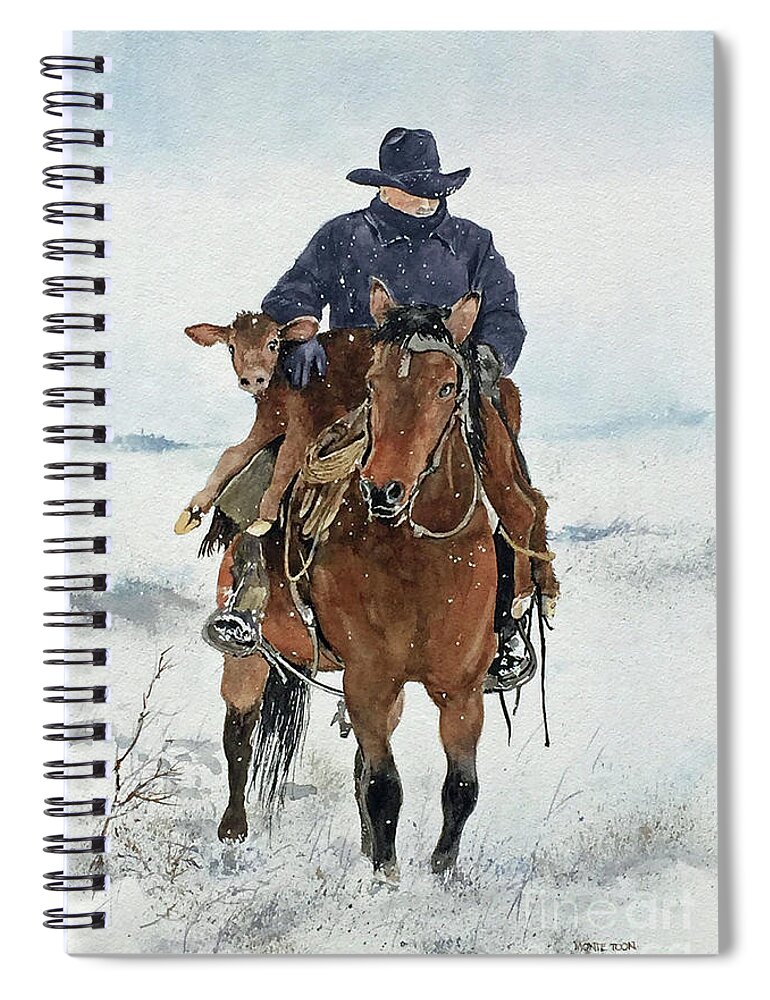 A Horse Carries A Cowboy And A Newborn Calf At A Ranch In Oregon On A Cold Snowy Morning. Spiral Notebook featuring the painting The Newborn by Monte Toon