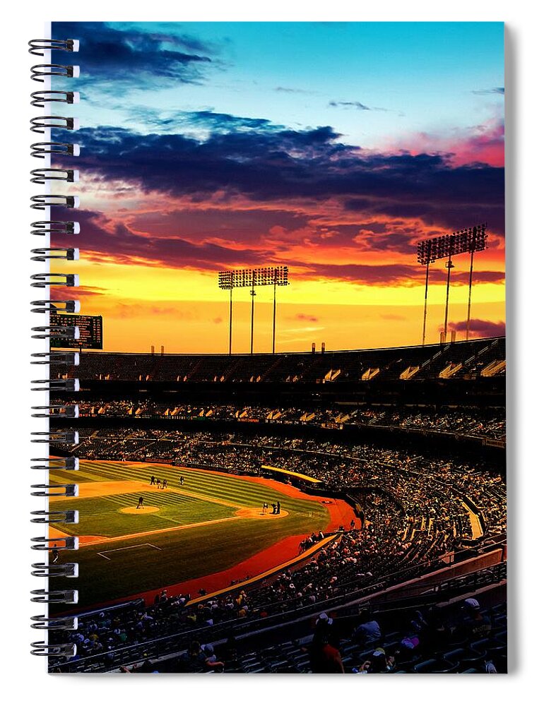 Oakland Spiral Notebook featuring the digital art The Oakland-Alameda County Coliseum in sunset light by Nicko Prints