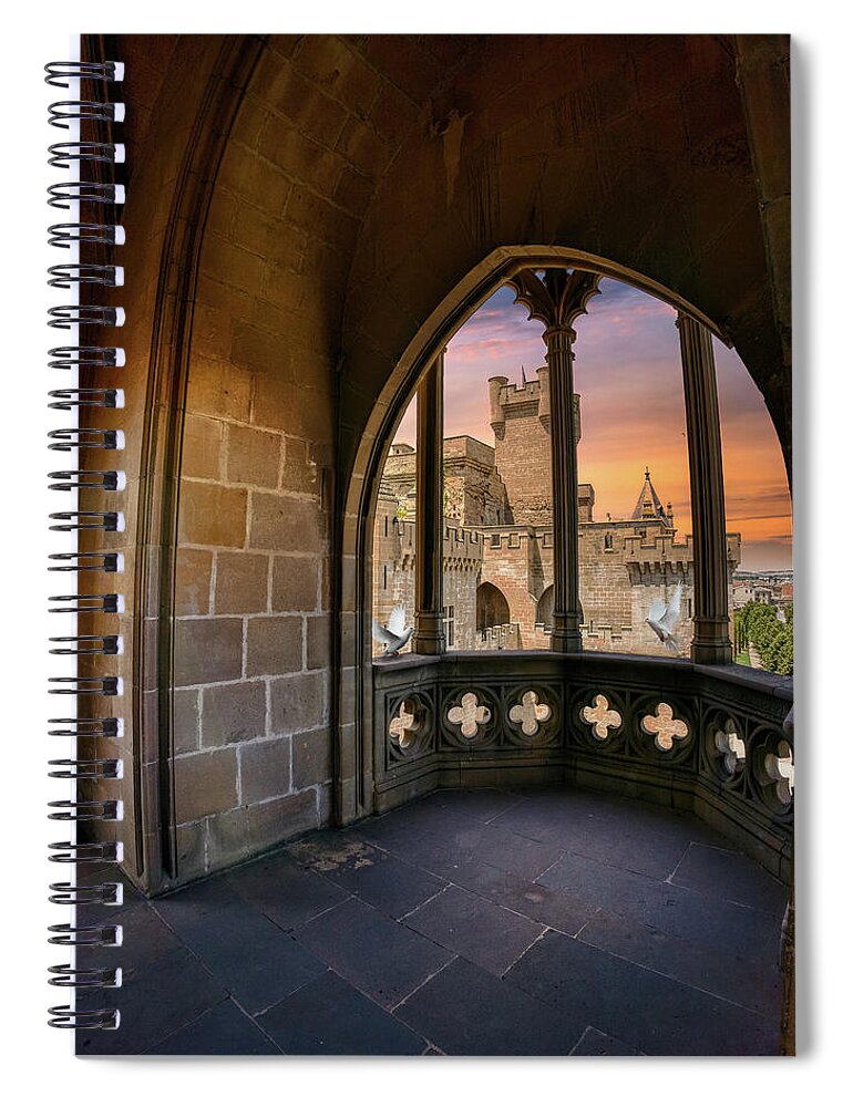 Olite Spiral Notebook featuring the photograph The Olite Castle seen from the loggia by Micah Offman