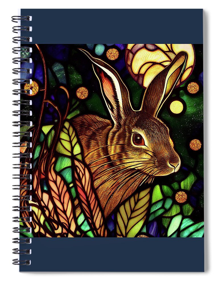 Rabbits Spiral Notebook featuring the digital art The Rabbit and the Moon - Stained Glass by Peggy Collins