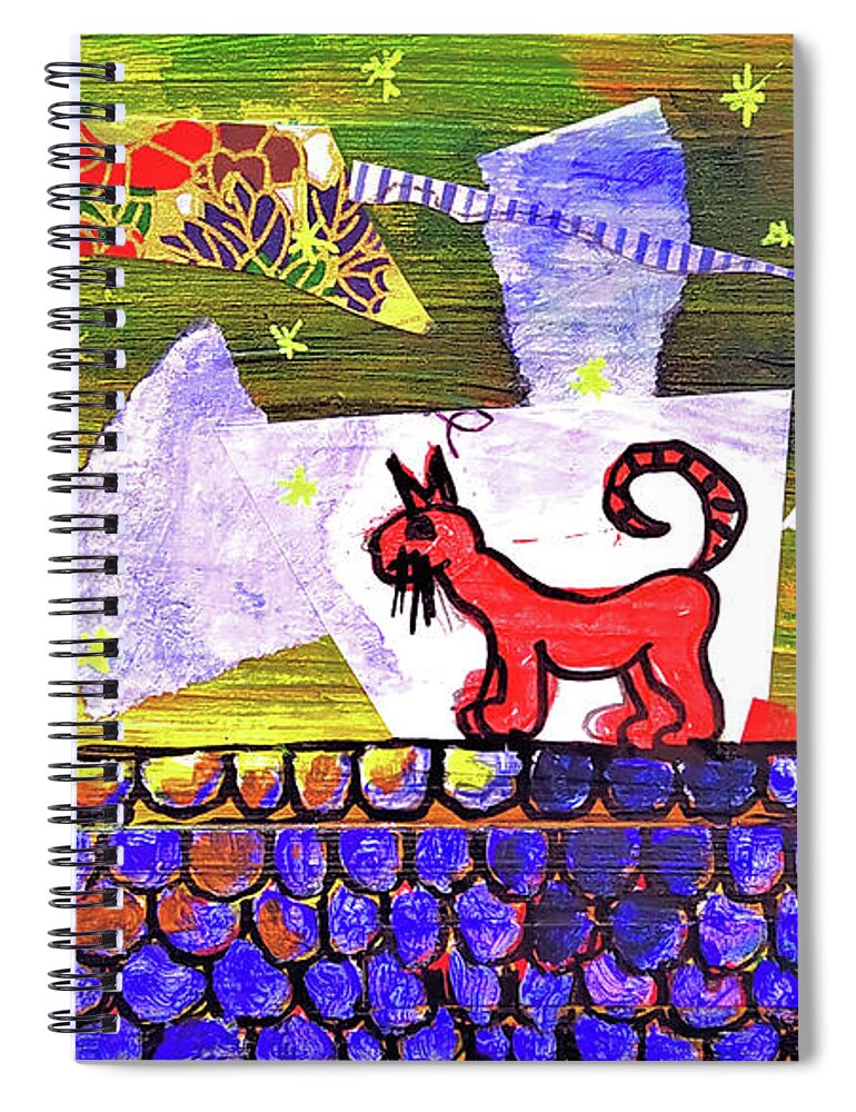 Cat Spiral Notebook featuring the mixed media The Red Cat on the Roof by Mimulux Patricia No