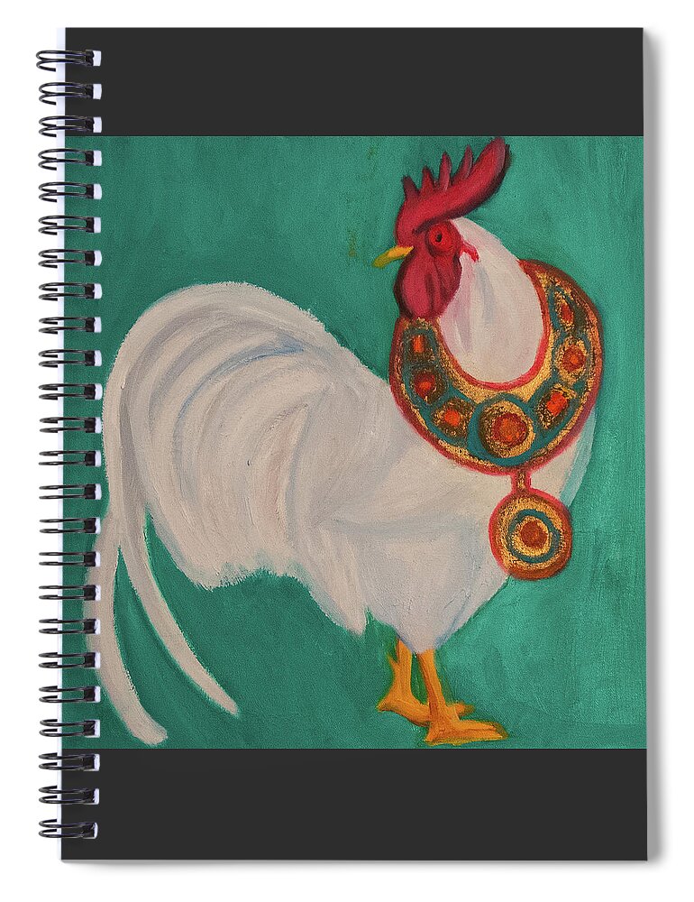 Rooster Spiral Notebook featuring the painting The Rooster and The African Necklace by Anita Hummel