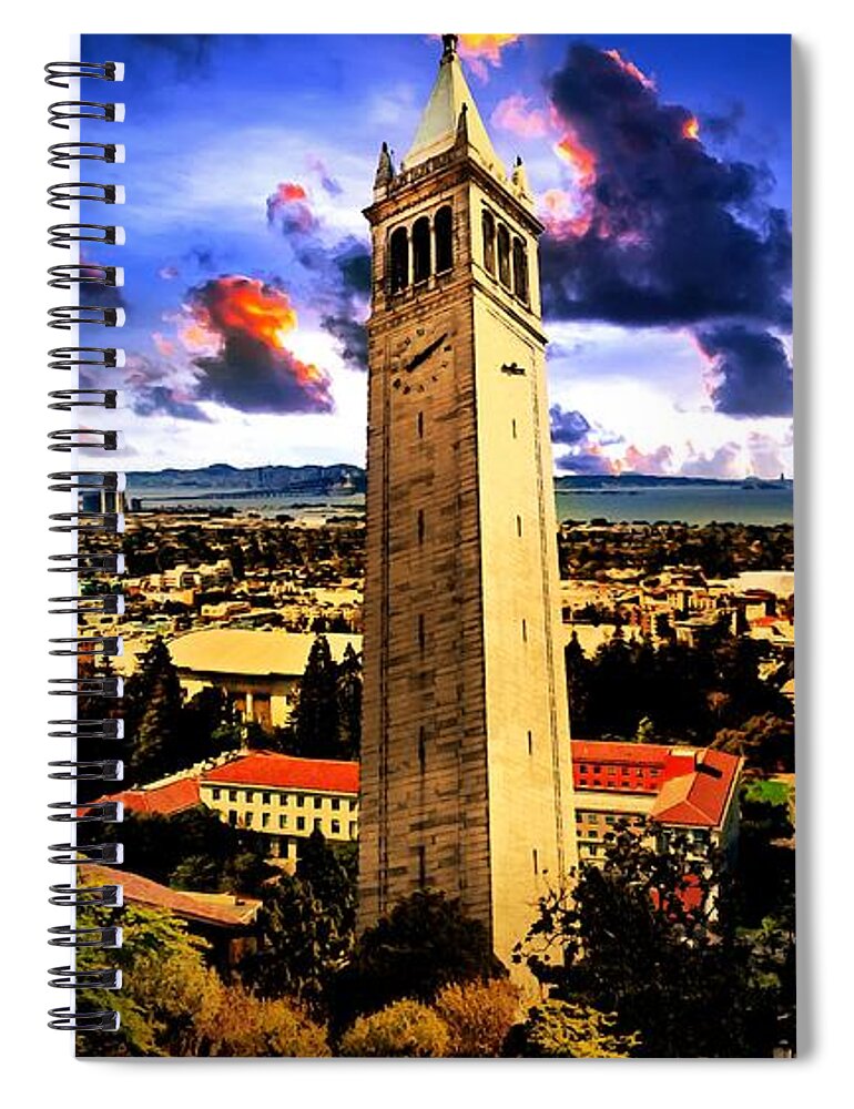 Berkeley Spiral Notebook featuring the digital art The Sather Tower and a a view to Berkeley Campus, downtown Berkeley and San Francisco Bay at sunrise by Nicko Prints