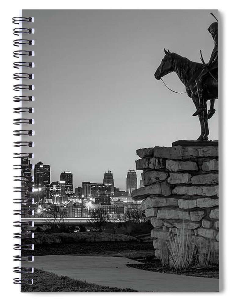 America Spiral Notebook featuring the photograph The Scout Overlooking the Kansas City Skyline - Black and White by Gregory Ballos