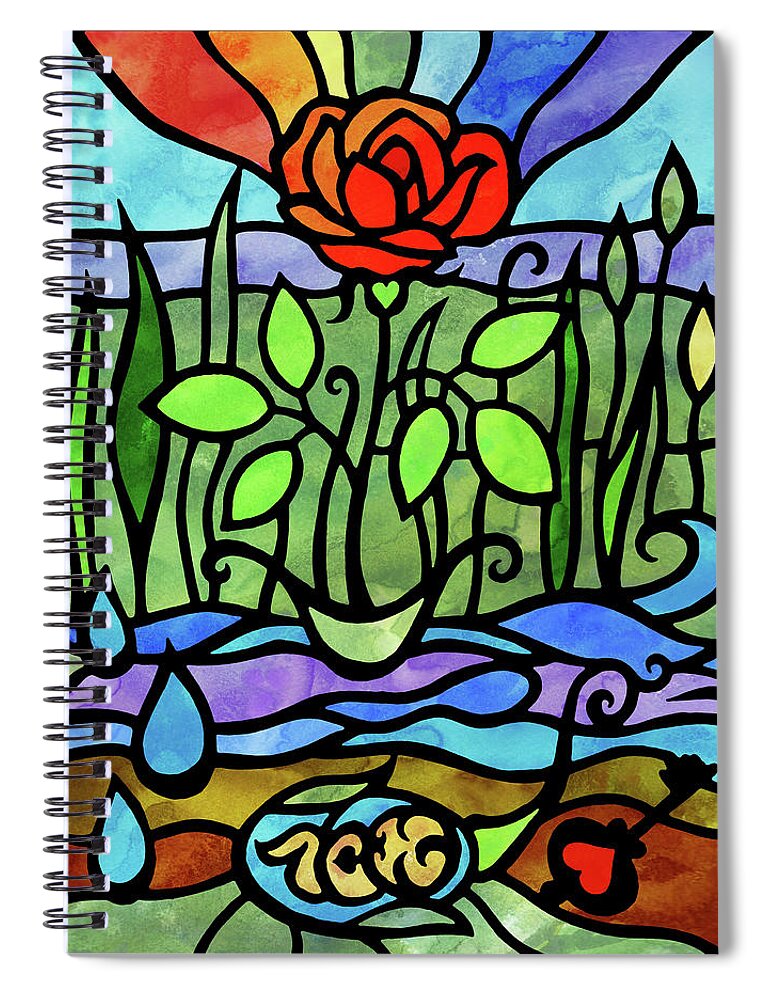 Tiffany Spiral Notebook featuring the painting The Seed Of Love In Rose Garden Stained Glass Tiffany Style Watercolor by Irina Sztukowski