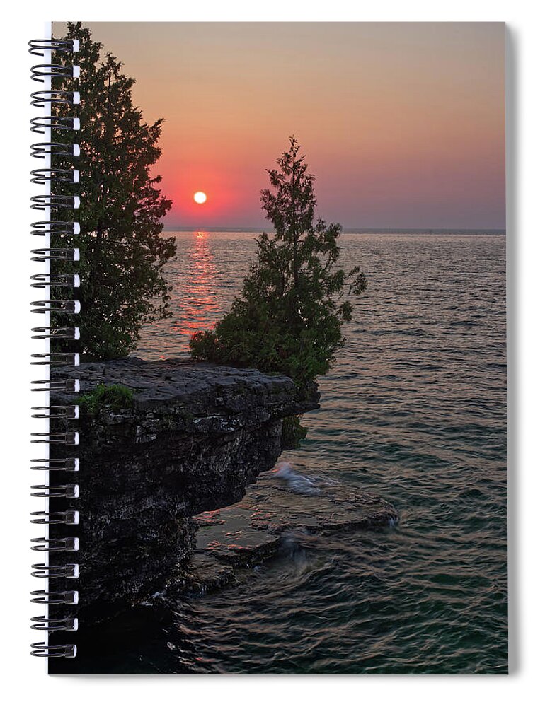 Cave Point Spiral Notebook featuring the photograph The Sentinel Cedar - the iconic cedar watching over Lake Michigan at Cave Point 2 - Door County WI by Peter Herman